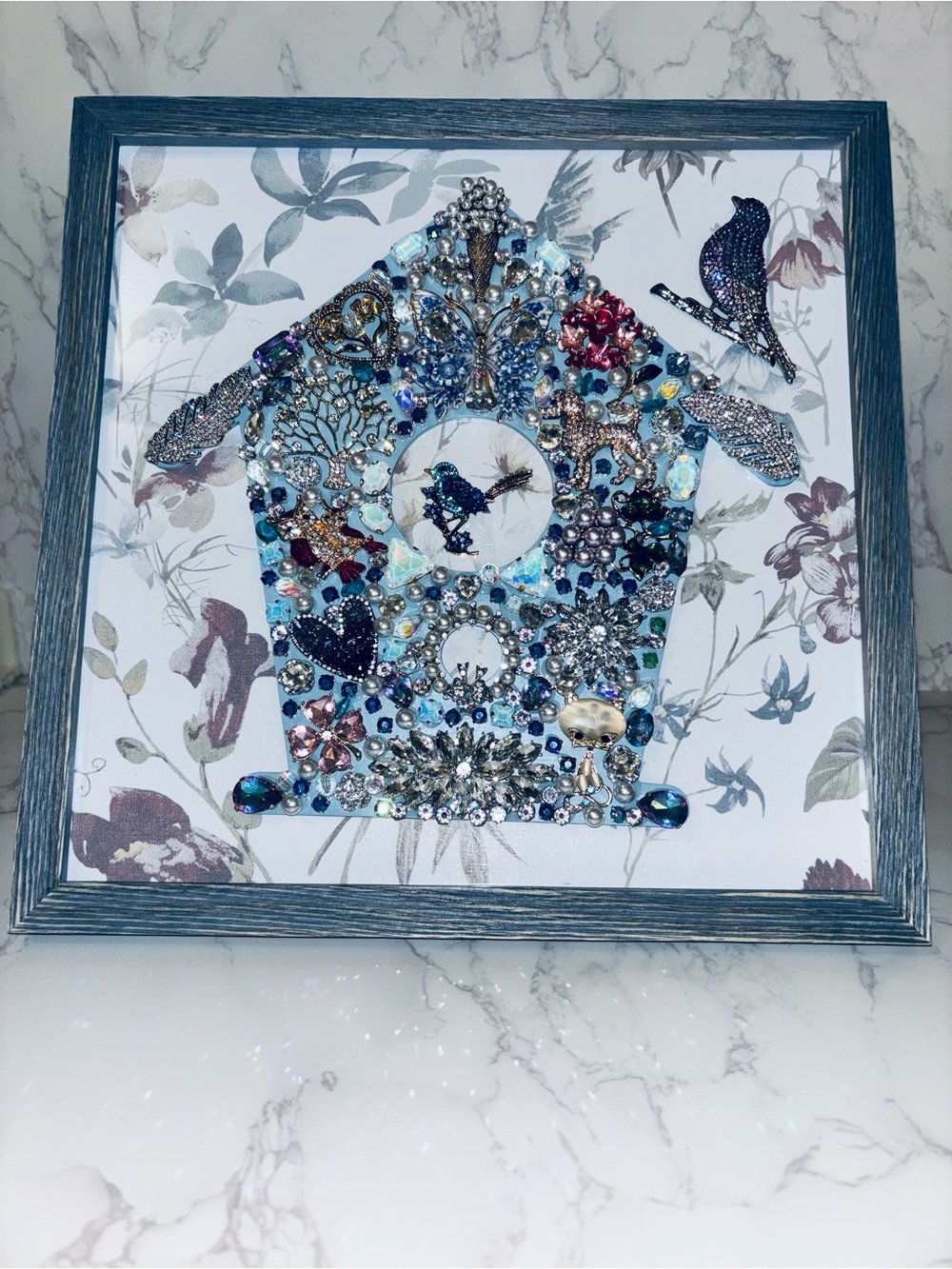 Embellished Blue Birdhouse Jewelry Art Picture. 12x12, Rustic Blue Frame
